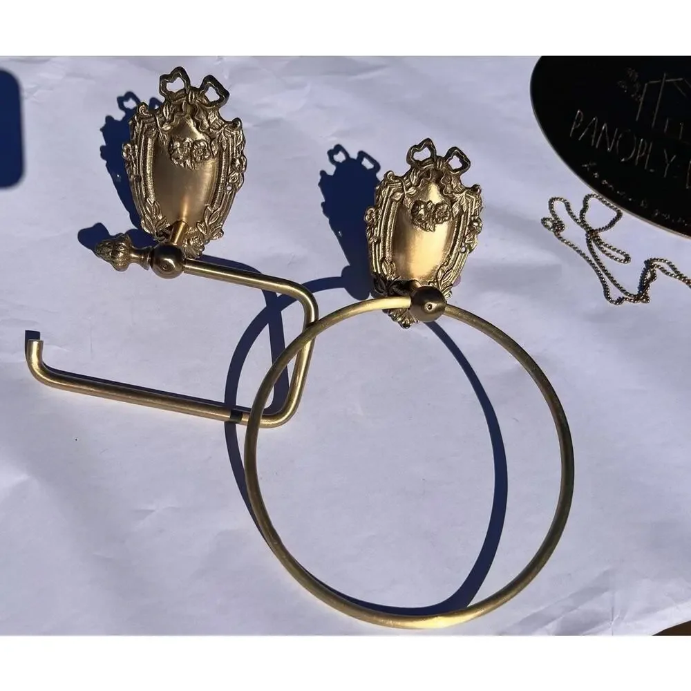 Antique Brass Bathroom Hardware  | Solid Brass Towel Ring & Toilet Paper Holder